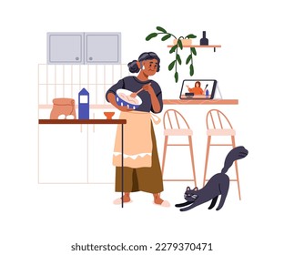 Old woman cooking with online video recipe. Modern senior elderly female character cooks, watching internet tutorial at home kitchen. Flat graphic vector illustration isolated on white background