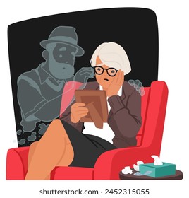 Old Woman Cradles A Faded Photograph, Tears Tracing The Lines Of Her Face As She Mourns Her Departed Husband Absence. Grieving Senior Female Character. Cartoon People Vector Illustration