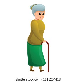 Old woman with crutch icon. Cartoon of old woman with crutch vector icon for web design isolated on white background