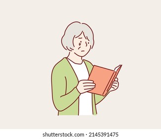  Old woman crying reading a book. Hand drawn style vector design illustrations.