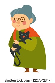 Old woman cuddling cat, pensioner lady happy with pet vector. Senior person spending time with furry animal on her hands. Kitty and granny together, best friend and companion of lonely grandmother