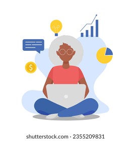 Old woman with curly hair and glasses sitting and working on the computer. Vector illustration in flat style. Isolated on white background.