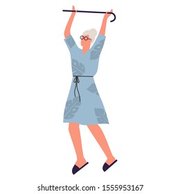 Old woman dancing. Elderly woman with stick performing funny dance. Flat vector illustration