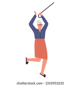 Old woman dancing. Elderly woman with stick performing funny dance. Flat vector illustration