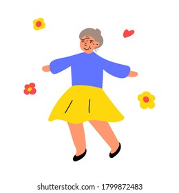 Old woman dancing. Illustration on white background. 