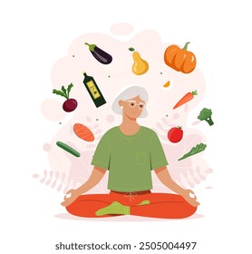 Old woman with diet. Grandmother sitting in lotus position with vegetables. Carrot, pear and melon, slice of fish. Senior with proper nutrition. Flat vector illustration isolated on white background