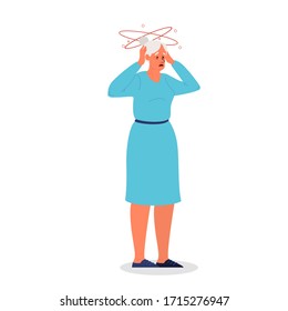 Old woman with a dizziness and headache. Eldery person with painfull head. Grandmother suffering from dizziness and holding her temples. Vector illustration in cartoon style