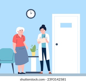 Old woman at doctor. Nurse or young clinic worker and senior patient. Nursing home or hospital, ambulance. Healthcare for citizens vector scene