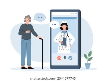 Old woman with doctor online. Grandmother with telemedicine. Diagnosis and treatment. Healthcare and medicine. Appointment with doctor via Internet. Flat vector illustration