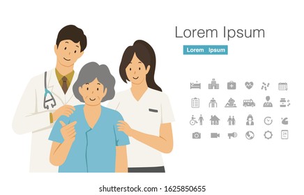 old woman with doctor and therapist cartoon character design with icon set