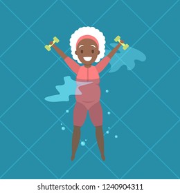 Old Woman Doing Exercise With Dumbbell In Swimming Pool. Elderly Character Have An Active Lifestyle. Senior In Water. Isolated Vector Flat Illustration