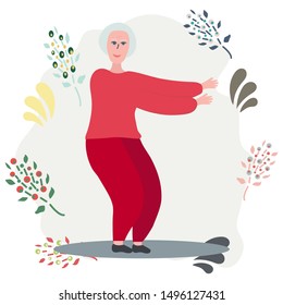 Old woman doing exercise. Elderly people activity concept. Flat cartoon style. Vector illustration.