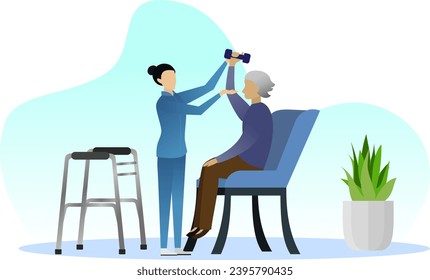 old woman doing exercise at home with physiotherapist, physical therapy treatment for old people, Physical therapy exercise After Shoulder Injury vector illustration, rehabilitation center