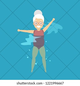 Old Woman Doing Exercise In Swimming Pool. Elderly Character Have An Active Lifestyle. Senior In Water. Isolated Vector Flat Illustration