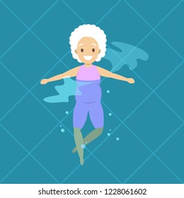 Old Woman Doing Exercise In Swimming Pool. Elderly Character Have An Active Lifestyle. Senior In Water. Isolated Vector Flat Illustration