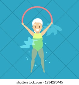 Old Woman Doing Exercise In Swimming Pool. Elderly Character Have An Active Lifestyle. Senior In Water. Isolated Vector Flat Illustration