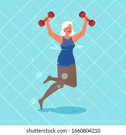 Old woman doing exercise with swimming pool dumbbell. Elderly character have an active lifestyle. Senior in water. Isolated flat illustration