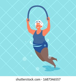 Old Woman Doing Exercise With Swimming Pool Noodle In Her Hands. Elderly Character Have An Active Lifestyle. Senior In Water. Isolated Flat Illustration