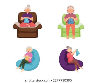 Old woman doing kniting work with happy feeling,in cartoon character,isolated on white background