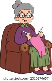 Old woman doing kniting work with happy feeling,in cartoon character,isolated on white background of illustration