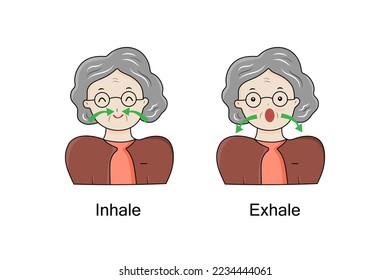 Old woman doing practice inhale and exhale.Breath exercise.Pursed lip breathing technique.Good health.Cartoon character.Vector.Illustration.