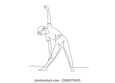 Old woman doing yoga. Active older women concept one-line drawing