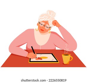 Old Woman drawing on a digital tablet with a stylus. Sitting at desk. Illustrator works to order. Elderly lady studying. Vector illustration