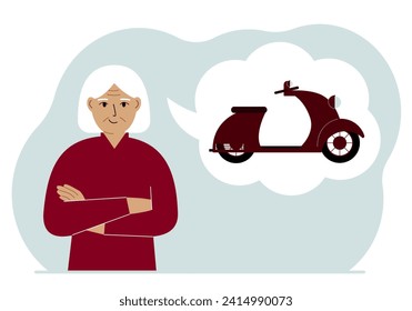 A old woman dreams or thinks about a scooter or motorcycle. His thoughts are in an air bubble. The concept of a dream, purchase, loan or investment.