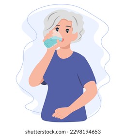 Old Woman drinking a fresh glass of water. Healthy and Sustainable Lifestyle Concept. Vector Illustration