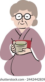 An old woman drinking Japanese tea at a tea party