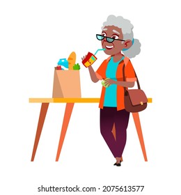 Old Woman Drinking Juice From Packaging Vector. Elderly African Lady Enjoying Vitamin Natural Juice After Grocery Shopping. Character Enjoy Healthcare Drink Flat Cartoon Illustration