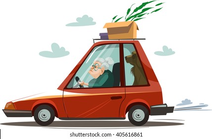 Old Woman Drive A Red Car. Vector Illustration