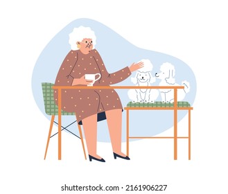 Old woman is eating in a cafe with a dog, flat illustrations on a white background. A dog together with friendly people in the same cafe. A person drinks tea, coffee with a pet in a cafe