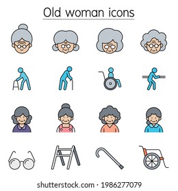 Old woman, Elder woman, Grandmother icon set filled outline