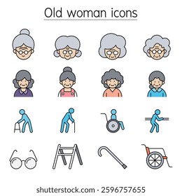 Old woman, Elder woman, Grandmother icon set in color line style