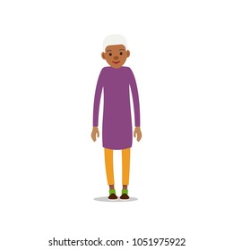 Old woman. Elderly afroamerican woman stand and her arms are lowered along body. Illustration isolated on white background in flat style. Full length portrait of old ladie, senior or grandmother.
