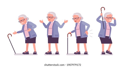 Old woman, elderly person with cane having heart, back ache. Senior citizen, retired grandmother wearing glasses, old age pensioner. Vector flat style cartoon illustration isolated on white background