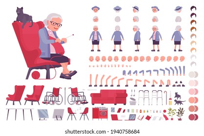 Old woman, elderly person construction set. Senior citizen, retired grandmother, old age pensioner, lonely grandma. Cartoon flat style infographic illustration, different emotions, skin, hair tones