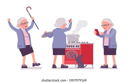Old Woman, Elderly Person Cooking Food, Using Mobile Phone. Senior Citizen, Retired Grandmother Wearing Glasses, Old Age Pensioner. Vector Flat Style Cartoon Illustration Isolated On White Background