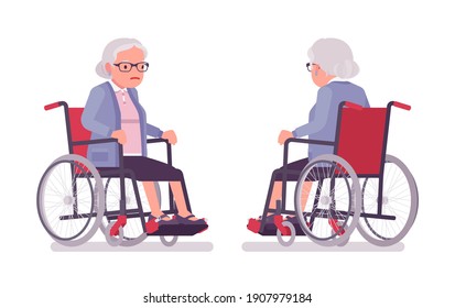 Old woman, elderly person sitting in a wheelchair. Senior citizen, retired grandmother wearing glasses, old age pensioner, grandma. Vector flat style cartoon illustration isolated on white background