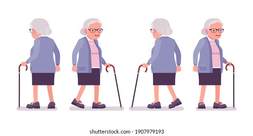 Old woman, elderly person with walking cane. Senior citizen, retired grandmother wearing glasses, old age pensioner, lonely grandma. Vector flat style cartoon illustration isolated on white background