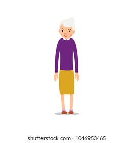 Old woman. Elderly woman stand with hands down. Illustration isolated on white background in flat style. Full length portrait of old ladie, senior or grandmother.
