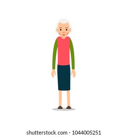 Old woman. Elderly woman stand. Illustration isolated on white background in flat style. Full length portrait of old ladie, senior or grandmother.
