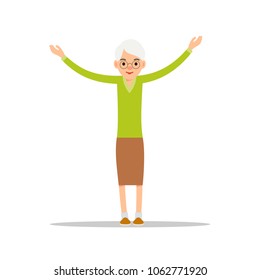 Old woman. Elderly woman stand and raised her hands up. Illustration isolated on white background in flat style. Full length portrait of old ladie, senior or grandmother.
