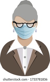Old Woman european in medical mask and glasses avatar flat icon isolated on white background. Virus infection protection symbol. Vector illustration
