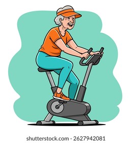 An old woman is exercising on an exercise bike.