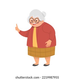 Old woman explaining, presenting or showing something. Cute character, vector illustration in flat or cartoon style. Grandmother talking and smiling with raised finger