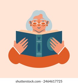 Сartoon old woman in eyeglasses reading book. Vector illustration of grandmother character. Cute senior lady on retirement holding open book. Book Lover Concept. Happy retirement.