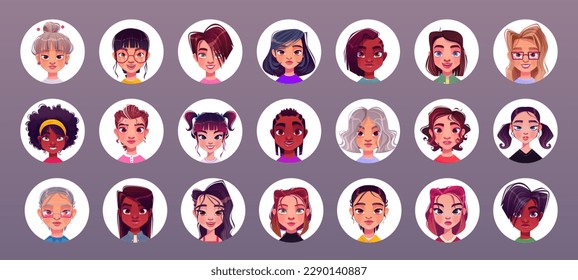 Old woman face avatar variety vector set. Happy smile girl head character in white circle illustration. Female various profile portrait isolated in circle. Beautiful diverse icon for office user.