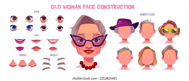 Old woman face construction set. Grandmother avatar generator with different hairstyles, eyes, noses, expression of brows and lips, vector cartoon set isolated on white background